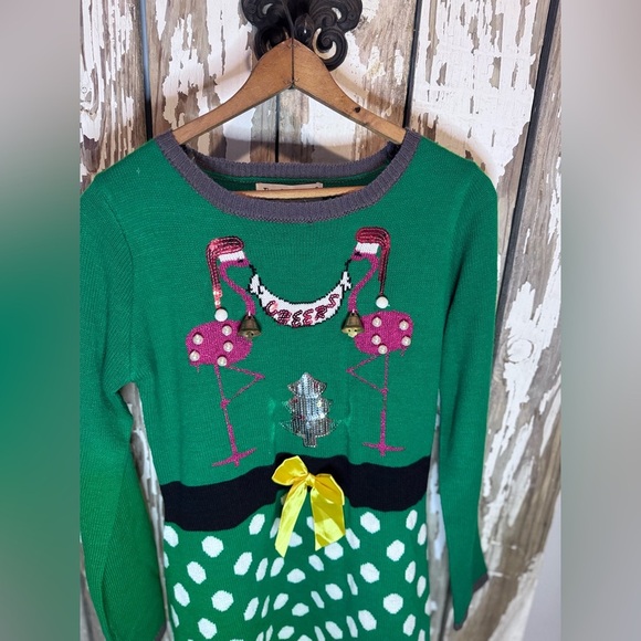 Tiara International Flamingo Cheers Christmas Dress size Medium NWT Bells - Picture 6 of 7